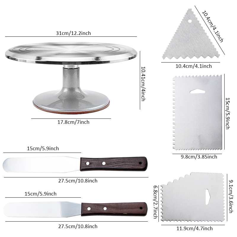 FAIS DU Kit de  Plateau Tournant de Gâteau (12 pouces Alliage d'aluminium),2 x pièces spatule pâtisserie,3 x grattoirs latéraux pour gâteaux,patisserie outils accessoires,Pastry tools accessories decoration