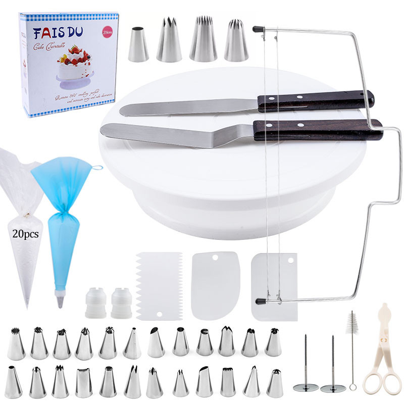 Kit de plateau tournant pour pâtisserie 62 pièces fournitures de décoration de gâteaux outils de cuisson accessoires support rotatif Kit de spatules buses de crème,ustensiles de cuisson, sac à Fondant,pour gâteaux