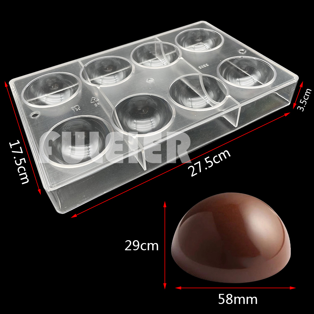 Moule à chocolat en Polycarbonate 8 trous demi-boule, outils de confiserie, plateau de décoration de gâteaux bonbons, ustensiles de cuisson à faire soi-même