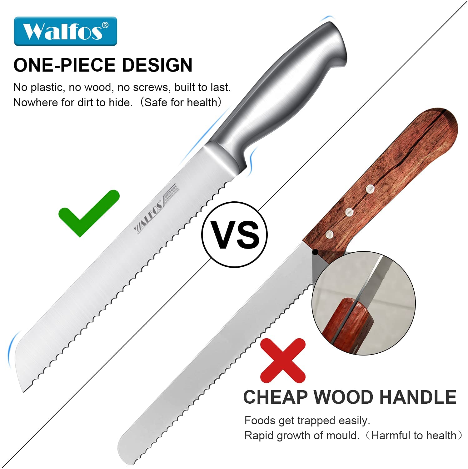 Walfos JxKnife-Couteau à trancher dentelé en acier inoxydable, ultra tranchant, design monobloc, manche ergonomique, lame de 8 pouces