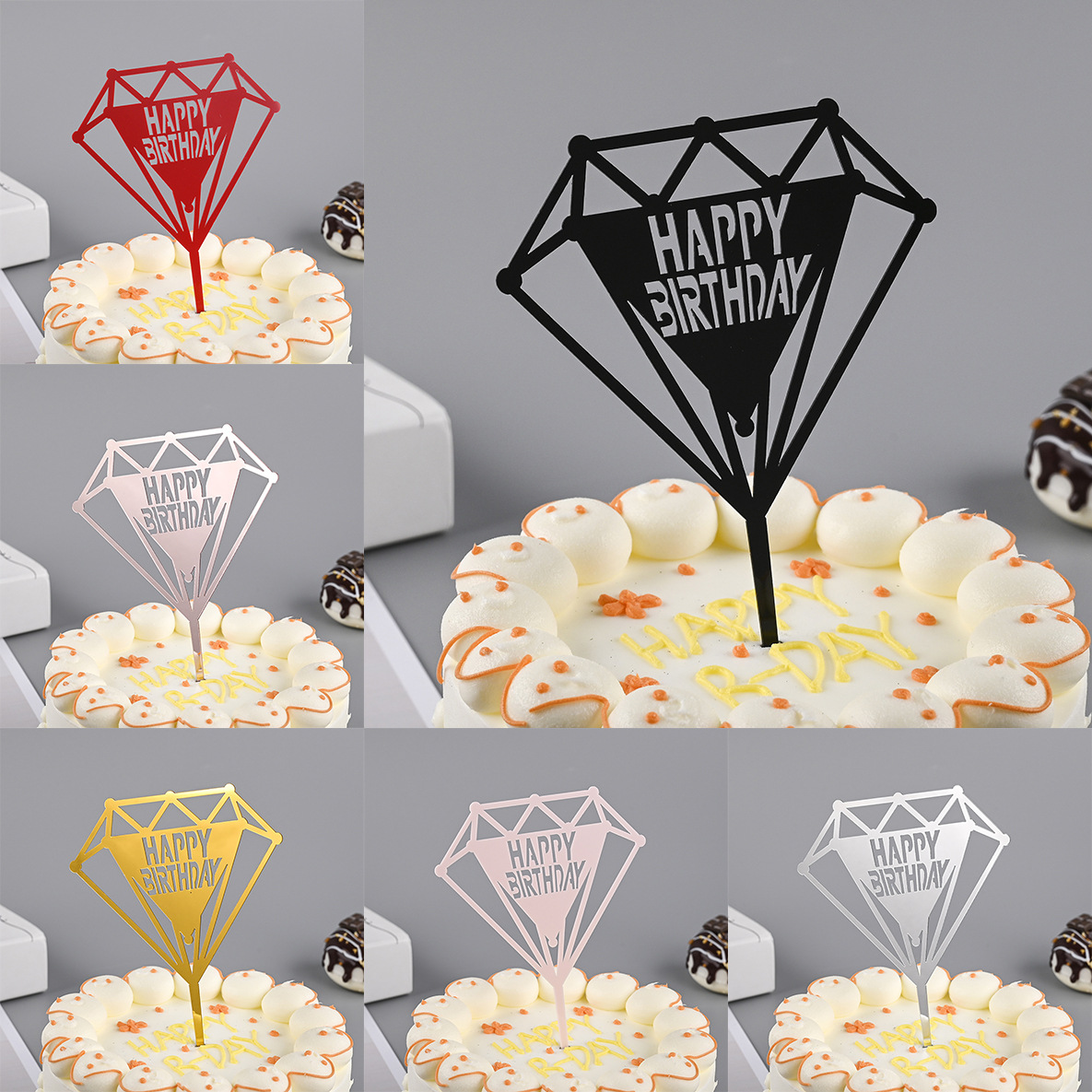 Toppers de gâteau en acrylique, miroir, couronne, ange, cœur, joyeux anniversaire, outils de décoration, articles promotionnels, 10 pièces/sac