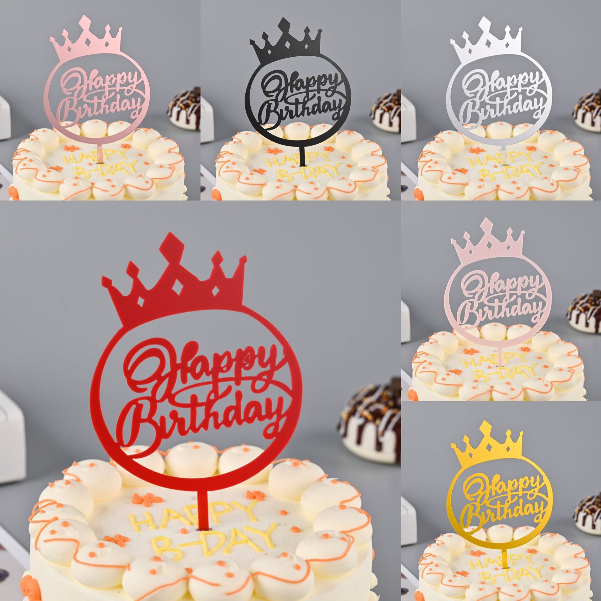 Toppers de gâteau en acrylique, miroir, couronne, ange, cœur, joyeux anniversaire, outils de décoration, articles promotionnels, 10 pièces/sac