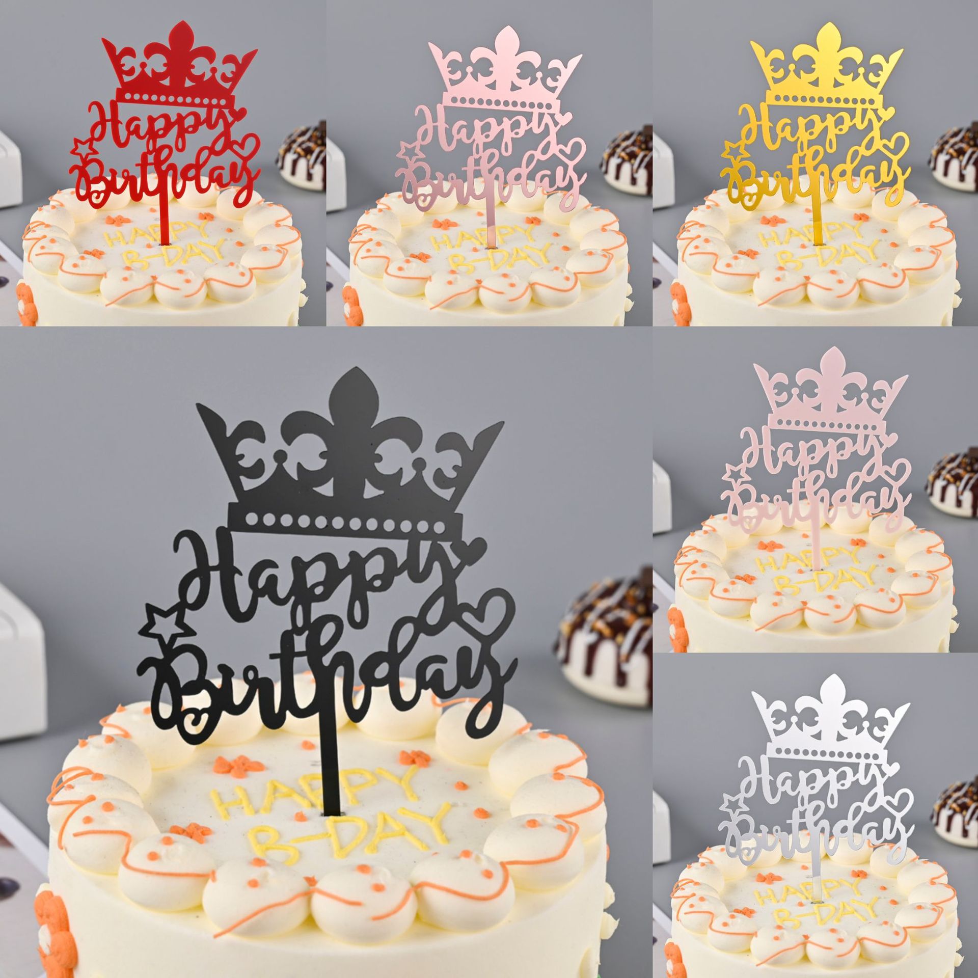 Toppers de gâteau en acrylique, miroir, couronne, ange, cœur, joyeux anniversaire, outils de décoration, articles promotionnels, 10 pièces/sac