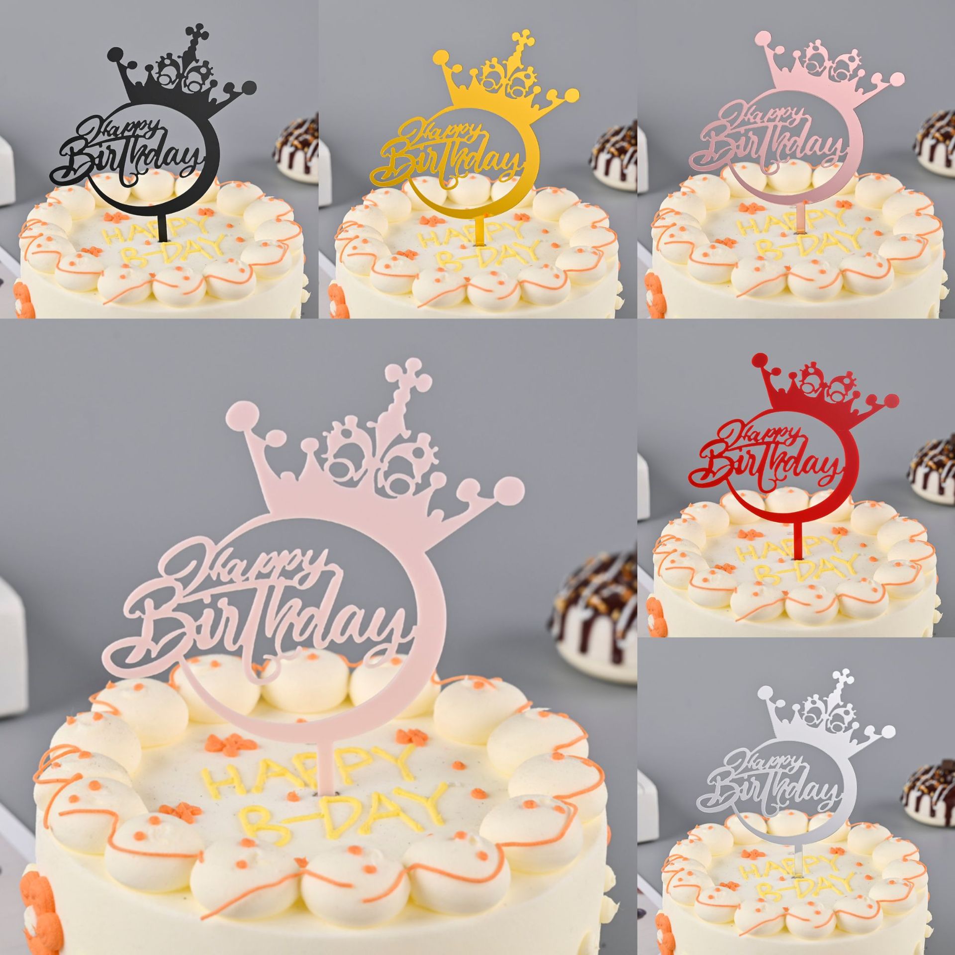 Toppers de gâteau en acrylique, miroir, couronne, ange, cœur, joyeux anniversaire, outils de décoration, articles promotionnels, 10 pièces/sac