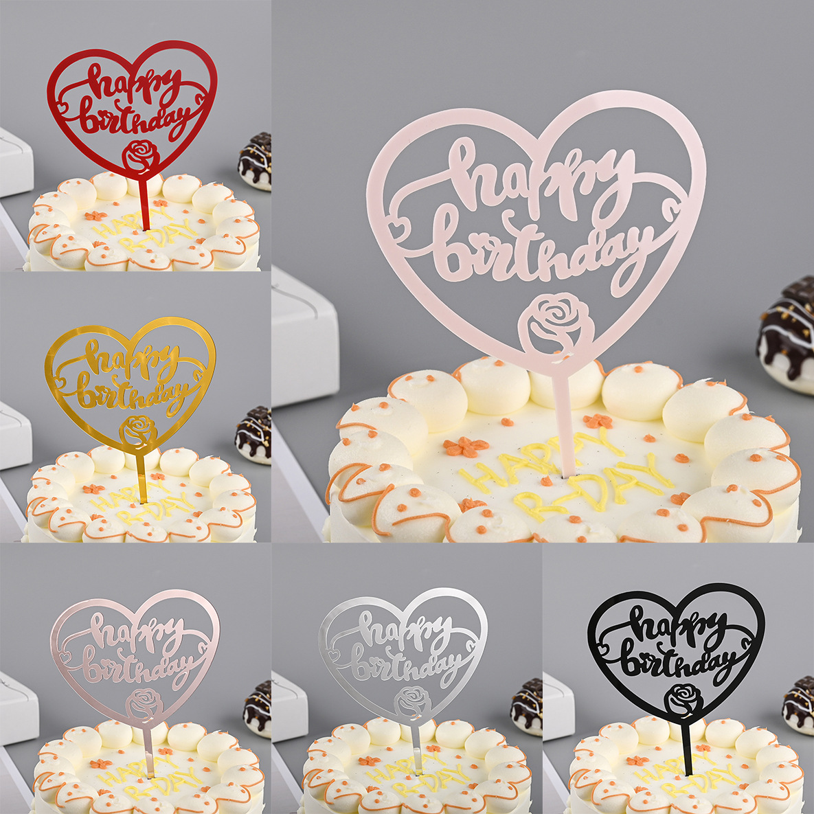 Toppers de gâteau en acrylique, miroir, couronne, ange, cœur, joyeux anniversaire, outils de décoration, articles promotionnels, 10 pièces/sac