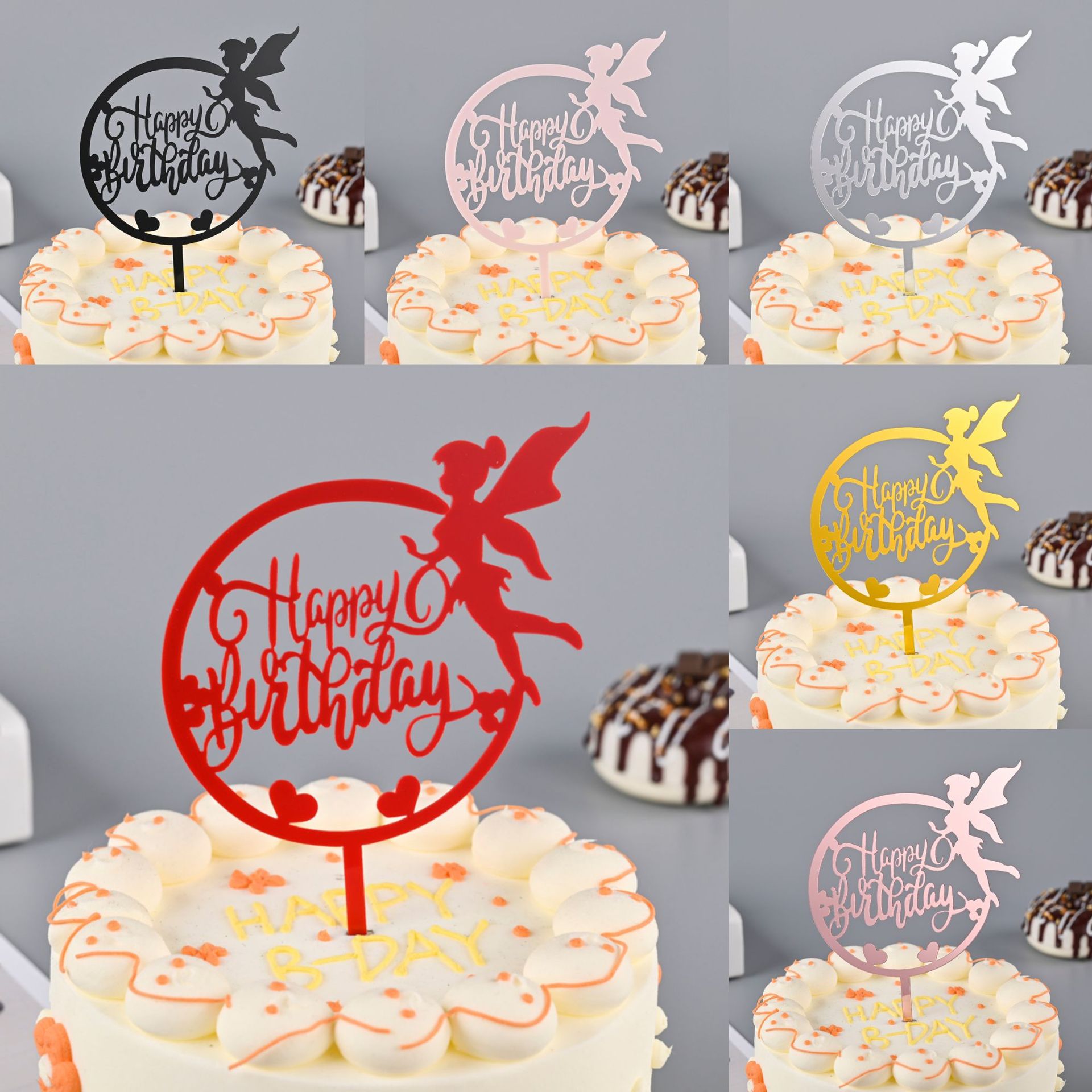 Toppers de gâteau en acrylique, miroir, couronne, ange, cœur, joyeux anniversaire, outils de décoration, articles promotionnels, 10 pièces/sac