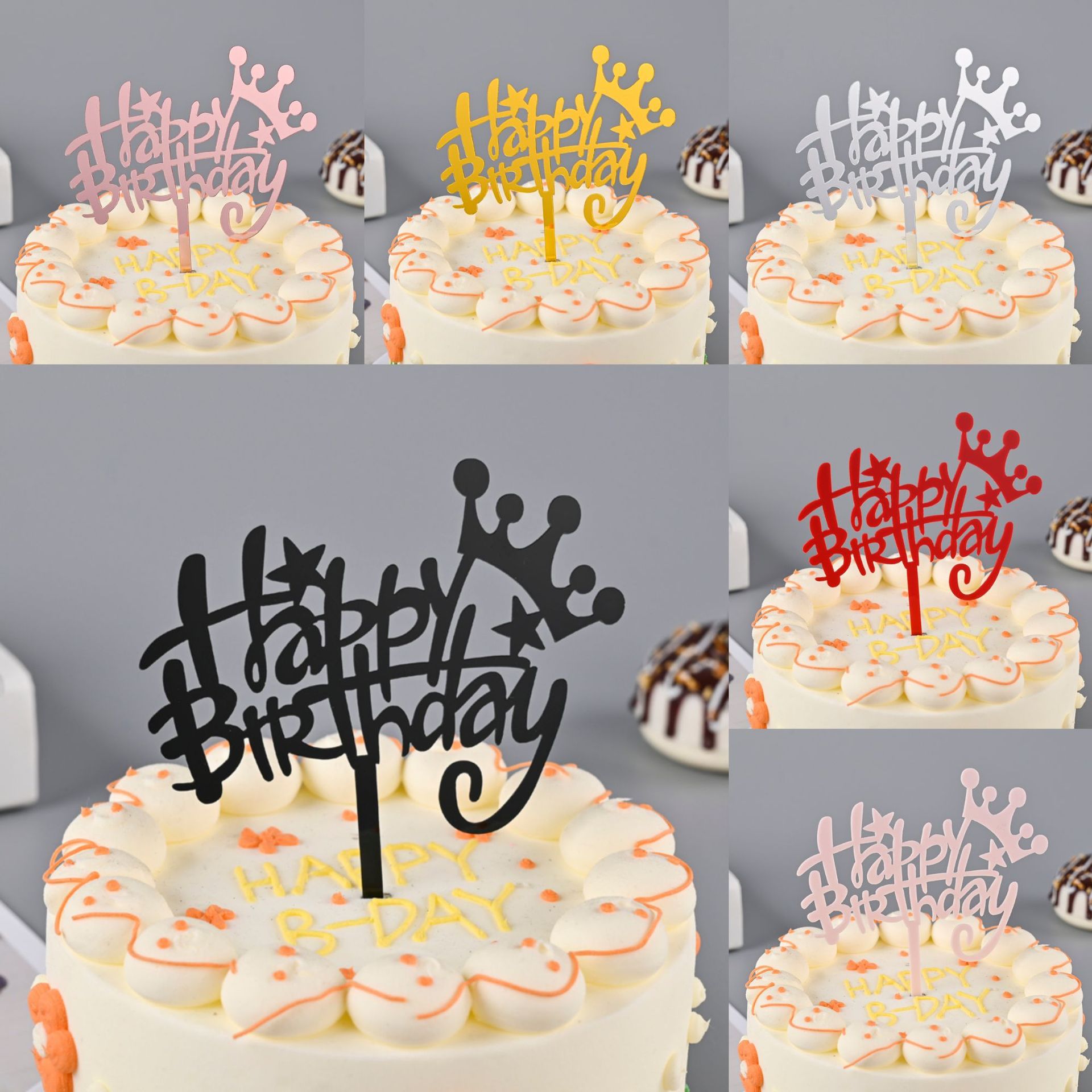 Toppers de gâteau en acrylique, miroir, couronne, ange, cœur, joyeux anniversaire, outils de décoration, articles promotionnels, 10 pièces/sac