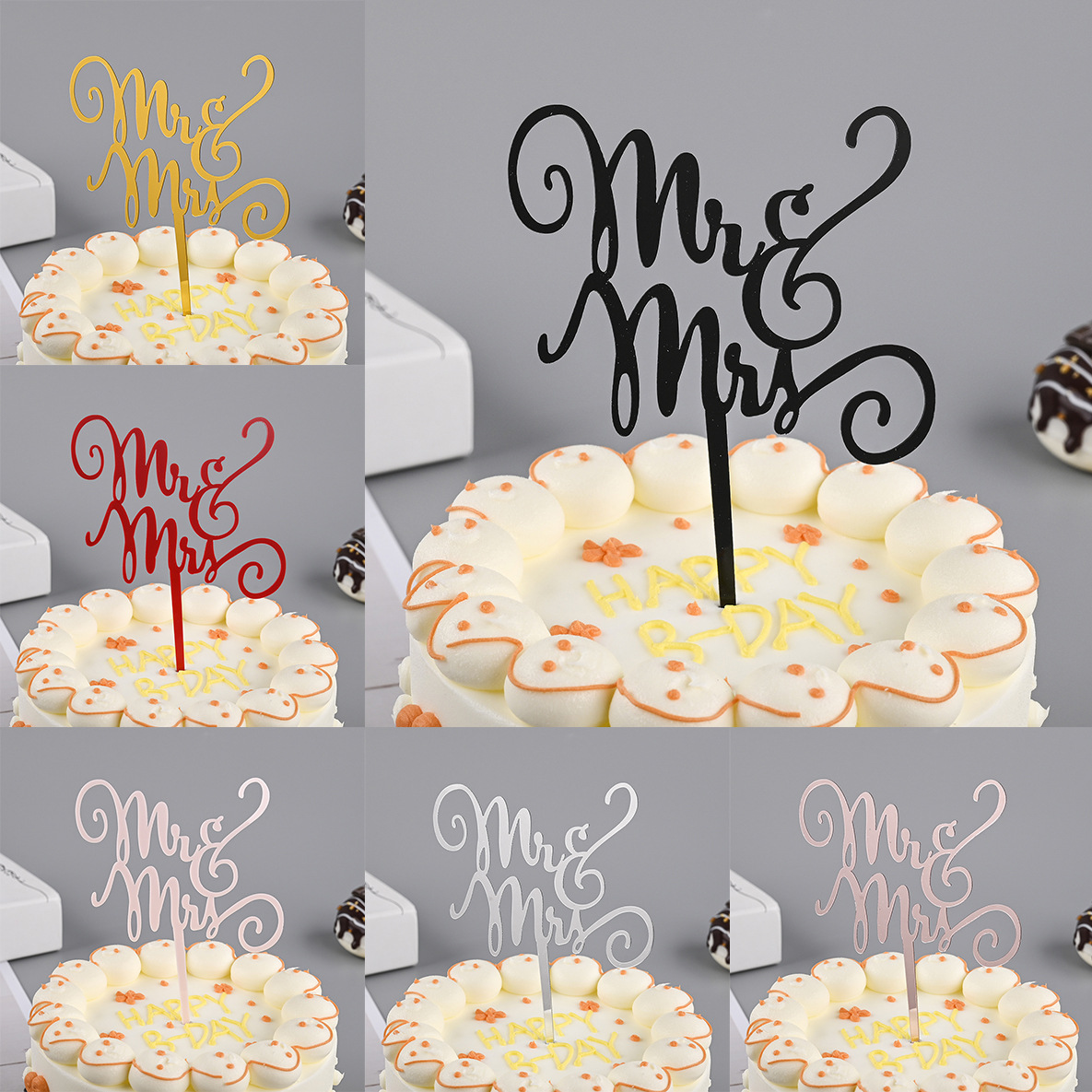 Toppers de gâteau en acrylique, miroir, couronne, ange, cœur, joyeux anniversaire, outils de décoration, articles promotionnels, 10 pièces/sac