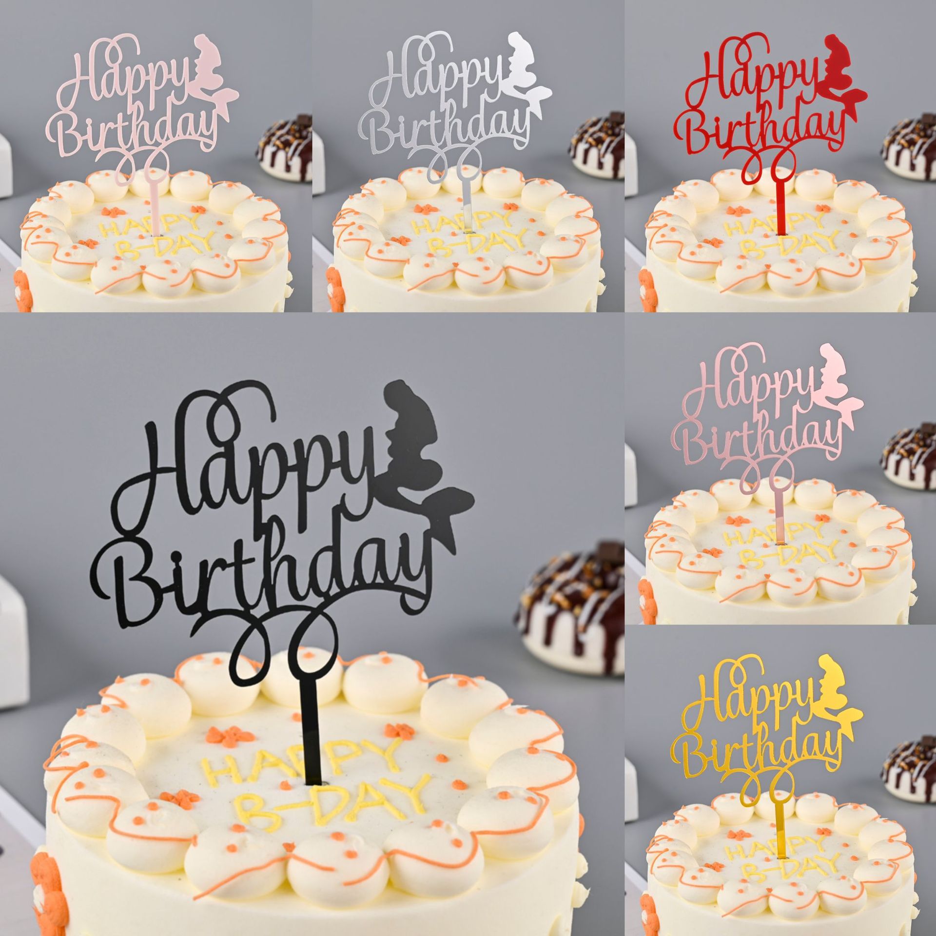 Toppers de gâteau en acrylique, miroir, couronne, ange, cœur, joyeux anniversaire, outils de décoration, articles promotionnels, 10 pièces/sac