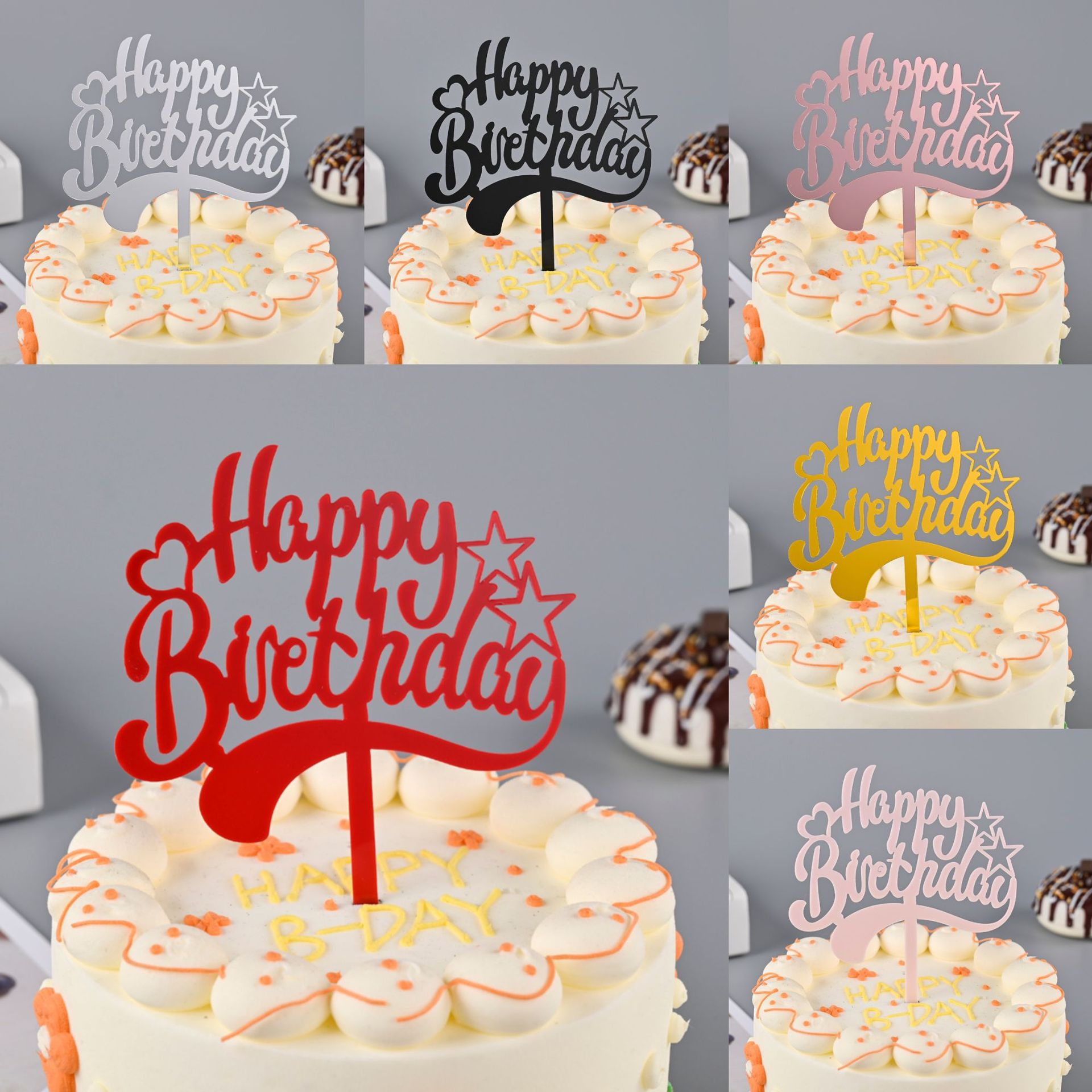 Toppers de gâteau en acrylique, miroir, couronne, ange, cœur, joyeux anniversaire, outils de décoration, articles promotionnels, 10 pièces/sac