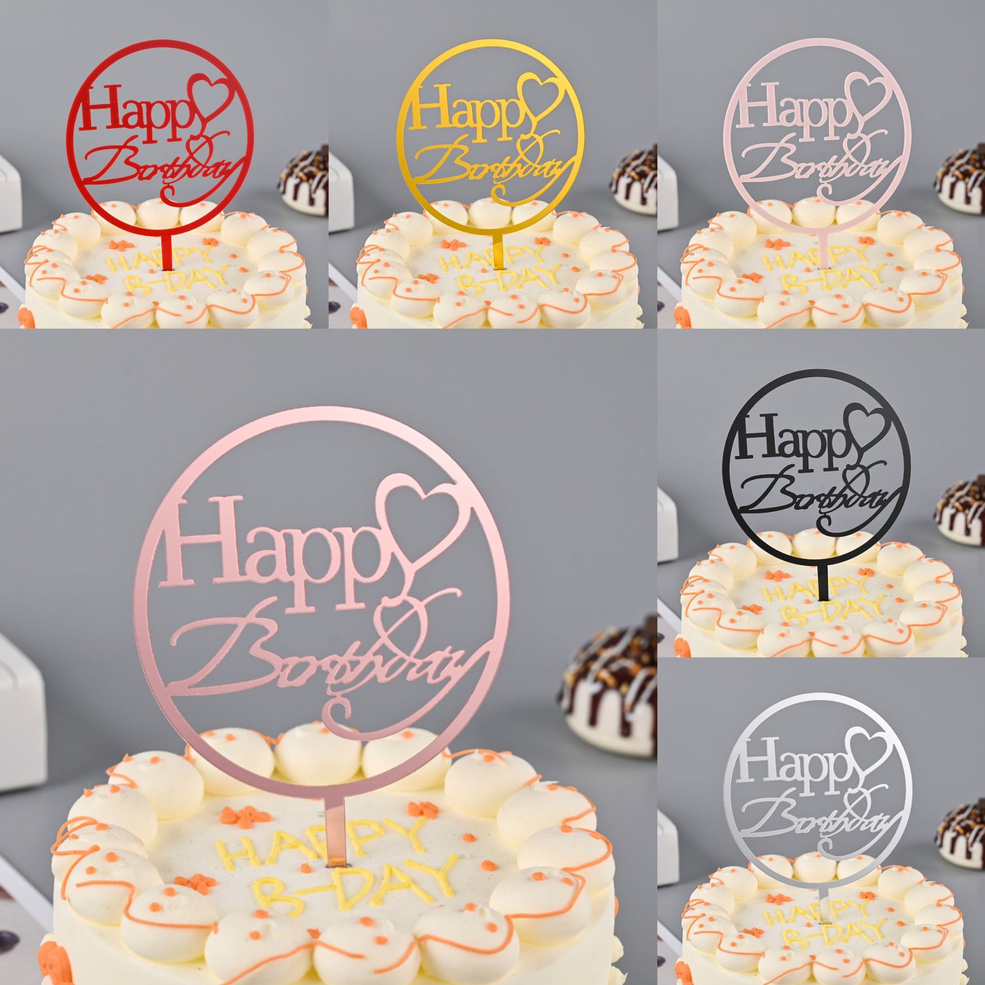 Toppers de gâteau en acrylique, miroir, couronne, ange, cœur, joyeux anniversaire, outils de décoration, articles promotionnels, 10 pièces/sac