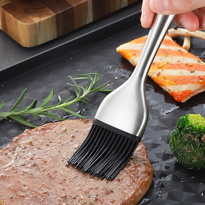 Brosse à huile de cuisine en silicone avec manche en acier inoxydable, ustensile de cuisson pour barbecue