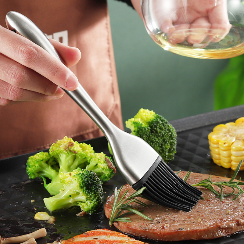 Brosse à huile de cuisine en silicone avec manche en acier inoxydable, ustensile de cuisson pour barbecue