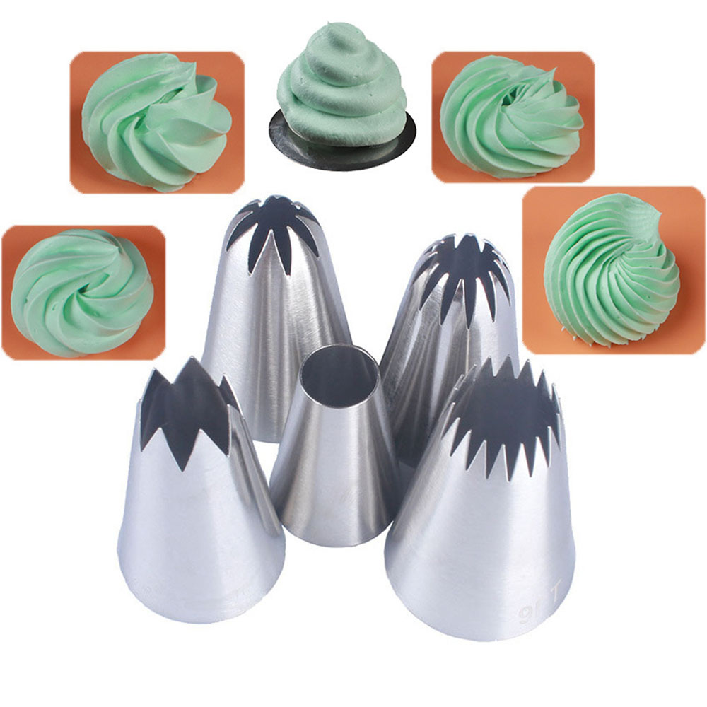 Grandes buses de glaçage en acier inoxydable pour gâteau Chi, décoration de crème de gâteau en métal, outils padramatiques, tête de gâteau, décorateur de dessert, ensemble de 5 pièces